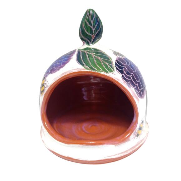 Artist Signed Christy Terracotta Bumble Bee and Grapes Tea Light Candle Holder - Picture 3 of 8